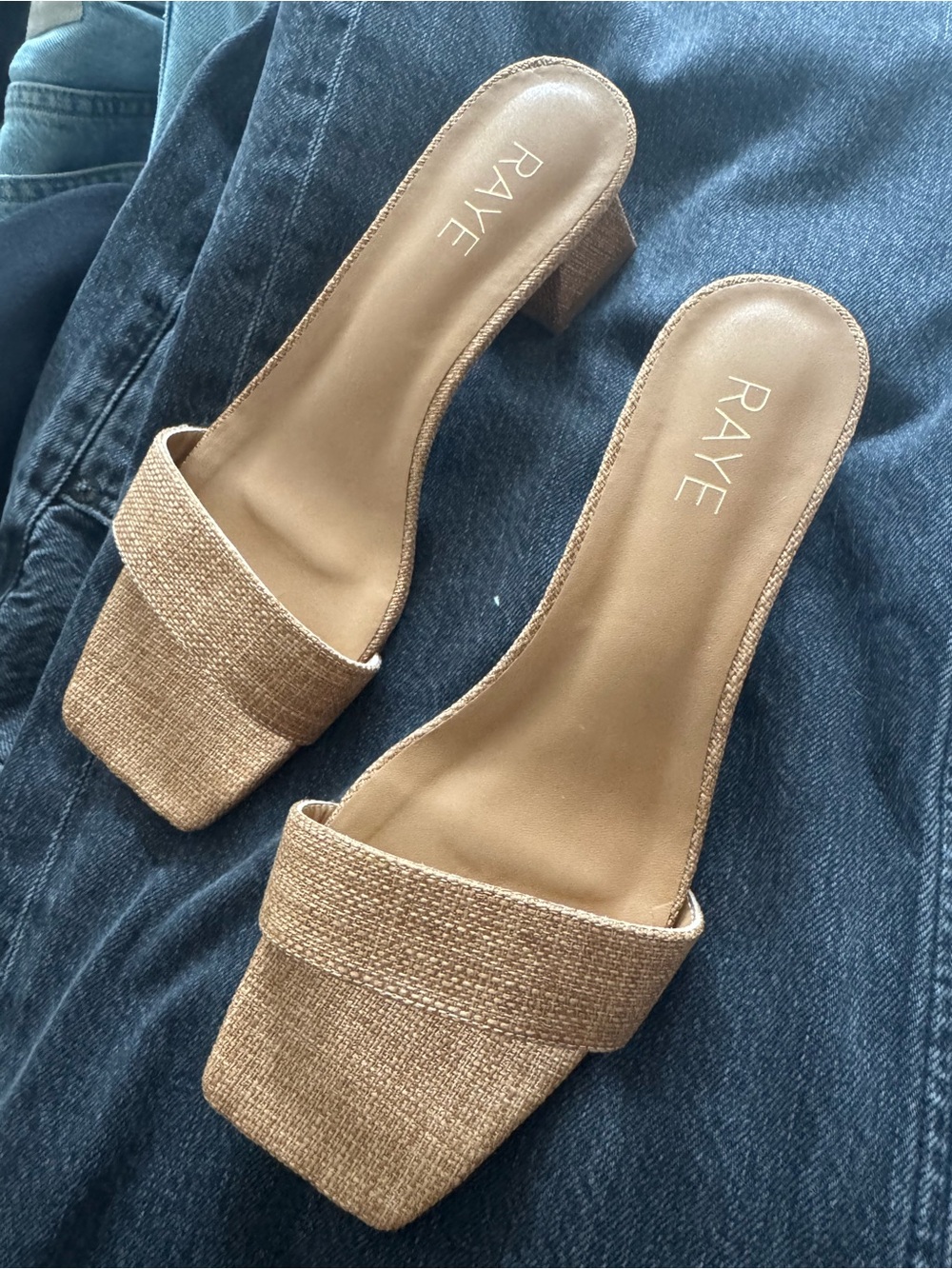 RAYE Natural Tan Linen-Textured Slide Mules - Picture 1 of 2